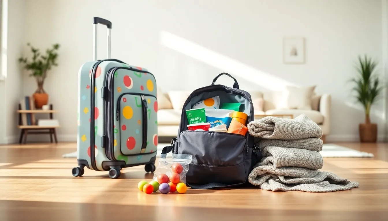 family preparing luggage for toddler travel.