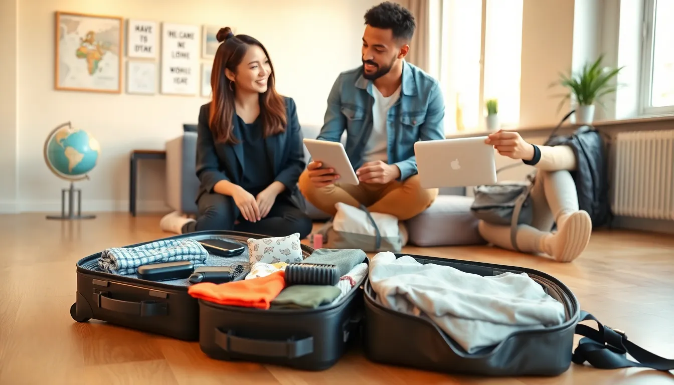 organized suitcase with diverse travelers discussing packing light strategies.