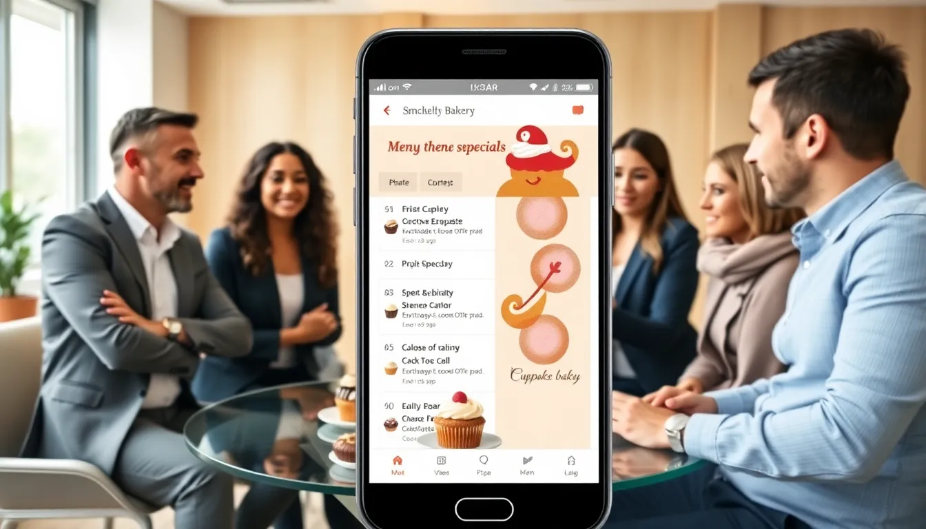 business professionals discussing a mobile app for small businesses.