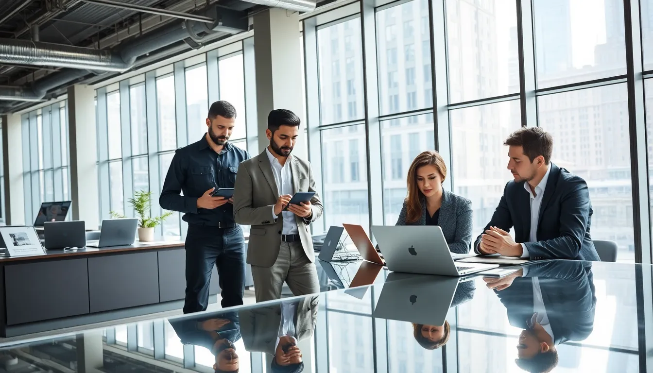 diverse team using mobile apps in a modern office setting.