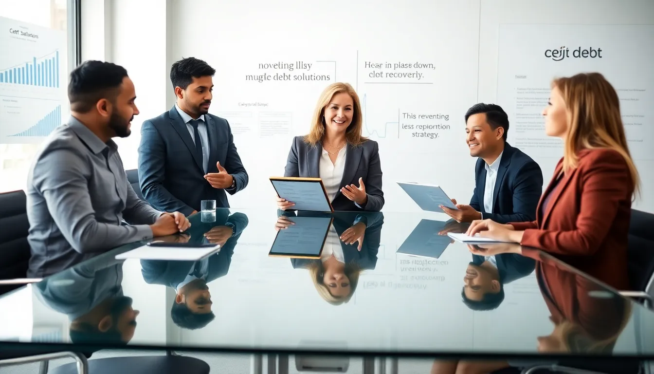 diverse professionals discussing debt solutions in a modern office.