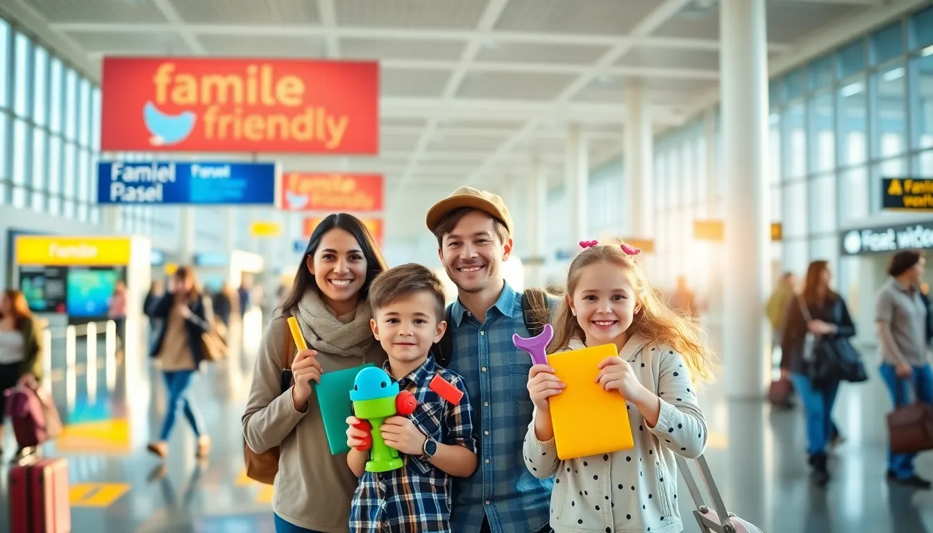 family happily waiting at an airport for their flight.