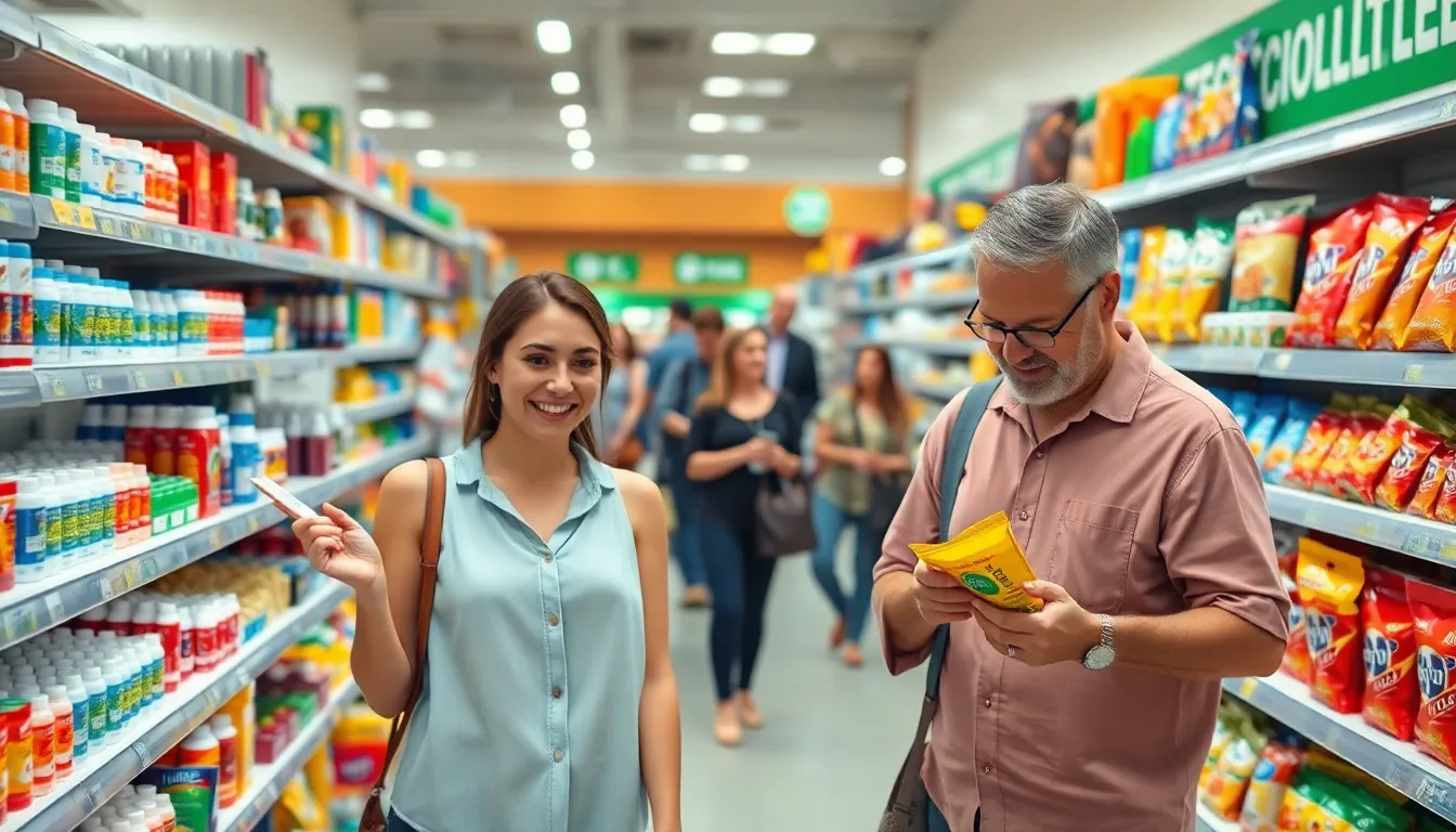 shoppers exploring travel supplies in a Dollar Tree store aisle.