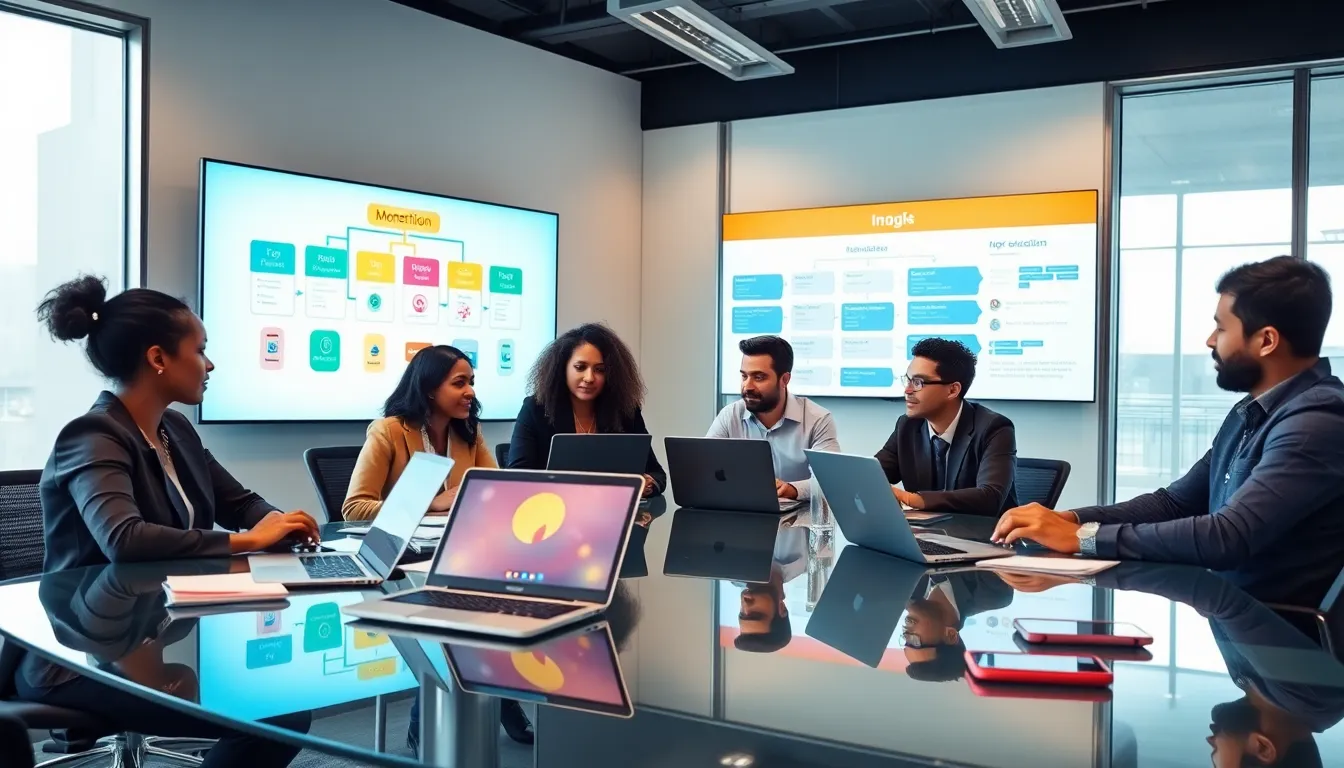 diverse team discussing mobile app monetization strategies in a modern office.