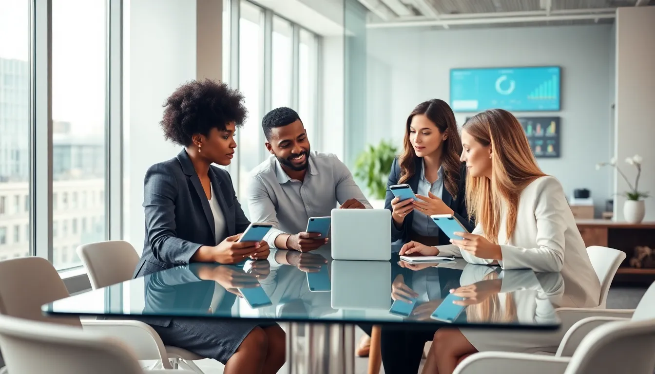 diverse team using CRM mobile apps in a modern office.