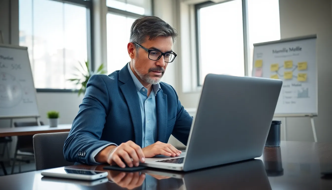 Mobile services manager installing applications in a modern office.