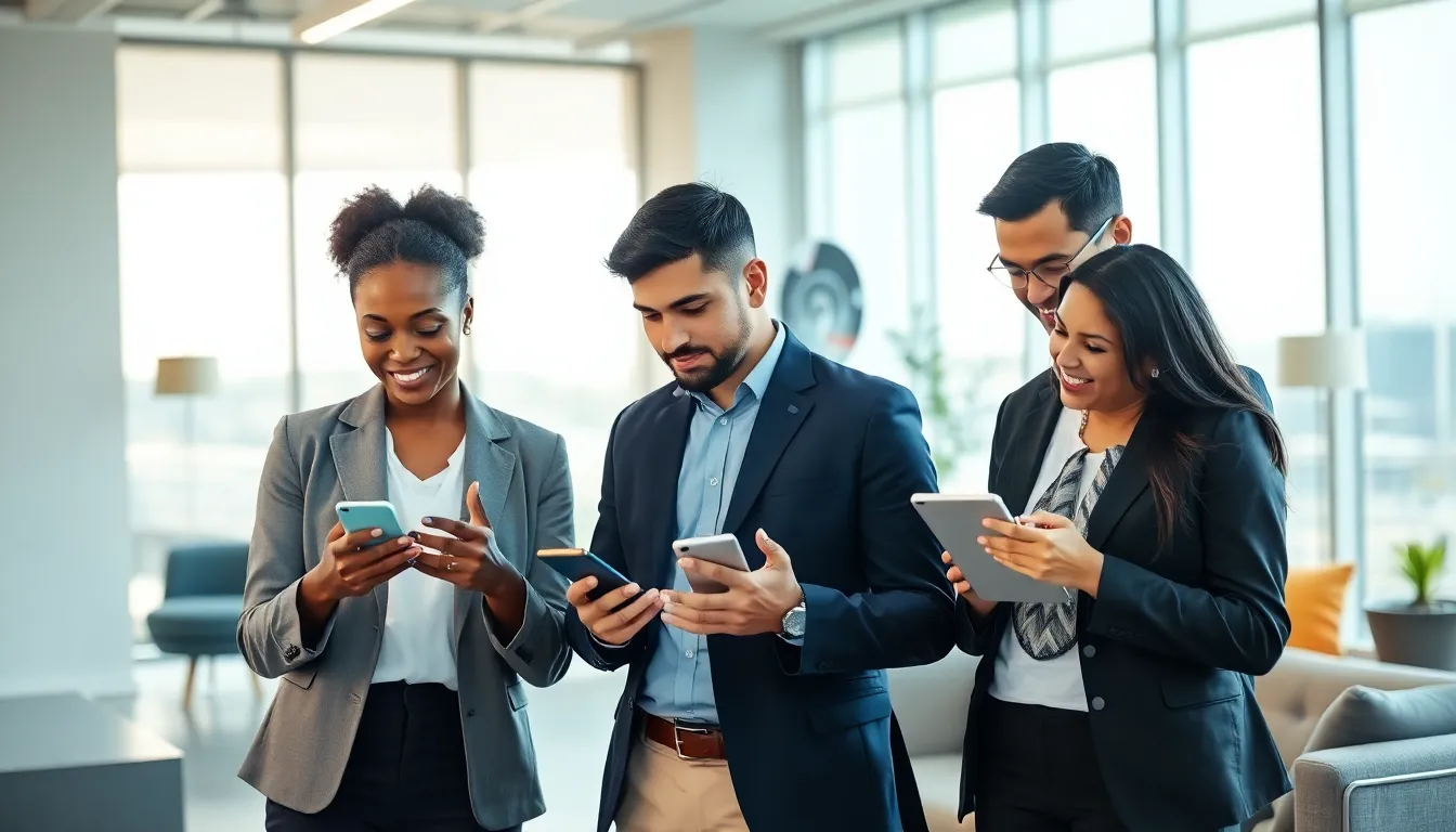 diverse professionals collaborating with mobile business apps in a modern office.