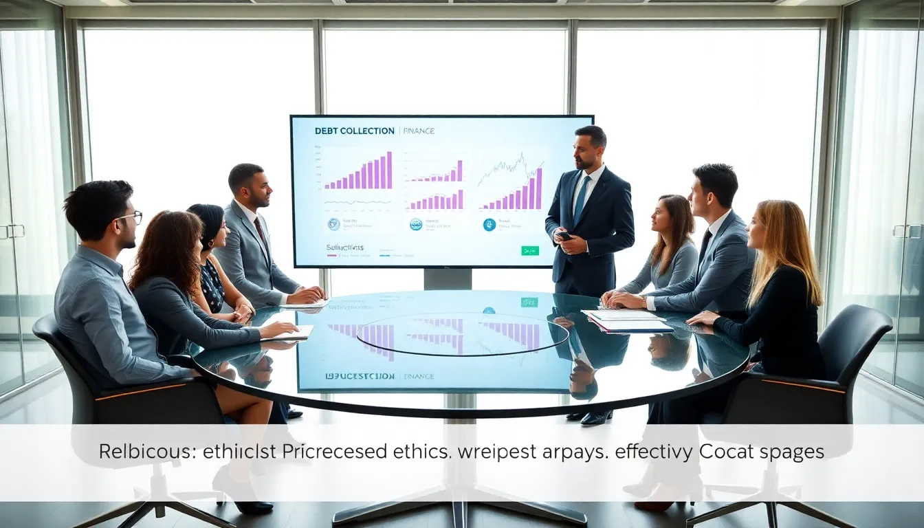 Diverse team discussing debt collection strategies in a modern office.