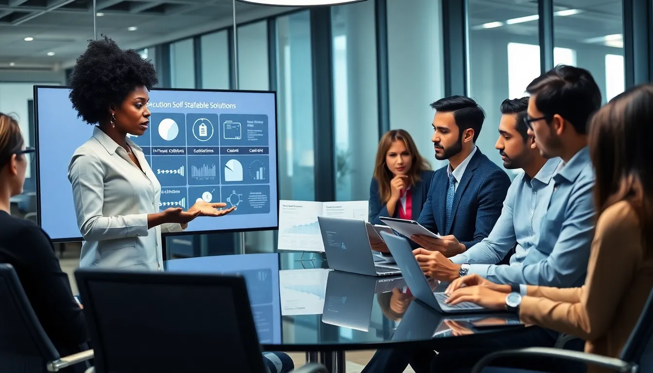 diverse professionals discussing receivable solutions in a modern office.