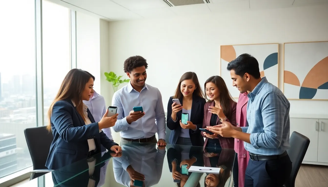 young professionals using mobile check cashing apps in a modern office.